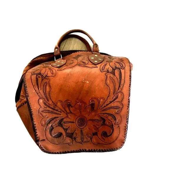 Vintage Etched Brown Tan Leather Embossed Handbag Bowling Bag Tote Bag Western - Picture 2 of 6